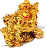Golden resin laughing Buddha on turtle, Feng Shui decor for wealth, success, happiness, good luck - vibrant showpiece, 7cm tall