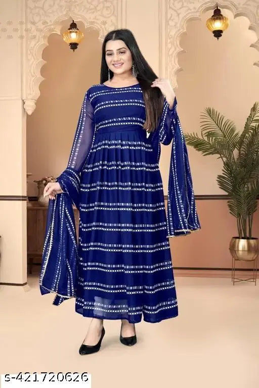 Georgette striped fancy women's gown with three-quarter sleeves, India-origin fashion on mannequin