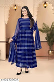Georgette striped fancy women's gown with three-quarter sleeves, India-origin fashion on mannequin
