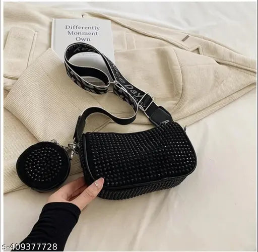 Women's sling bag, Fantastiqo premium, black texture, spiky detail, adjustable strap