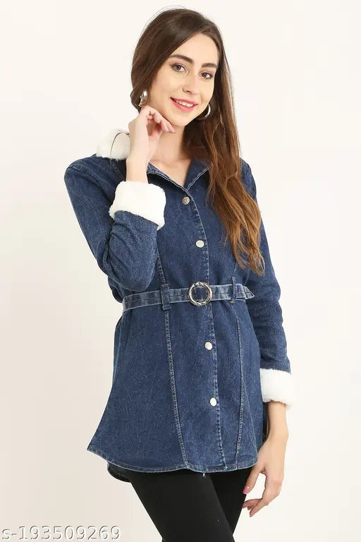Blue denim casual girl's coat with collar and belt
