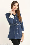 Blue denim casual girl's coat with collar and belt