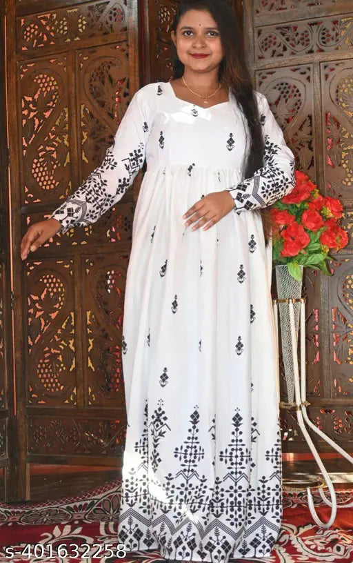 Rayon embroidered Anarkali kurti, fancy new stylish long sleeves, Indian fashion on mannequin