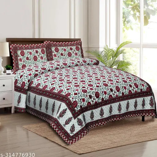 100 Cotton Jaipuri Block Printed Bed Sheet, grey with red floral pattern, king size, with pillows.