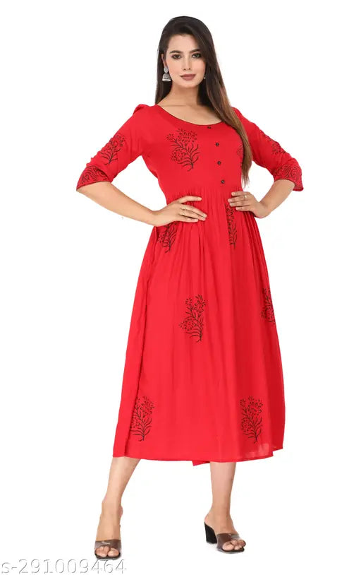 Red cotton hand block printed women's kurta, short sleeve