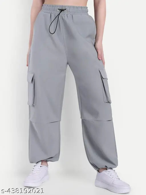 Gray cargo-style joggers with pockets, elastic waistband