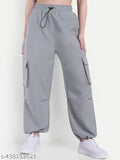 Gray cargo-style joggers with pockets, elastic waistband