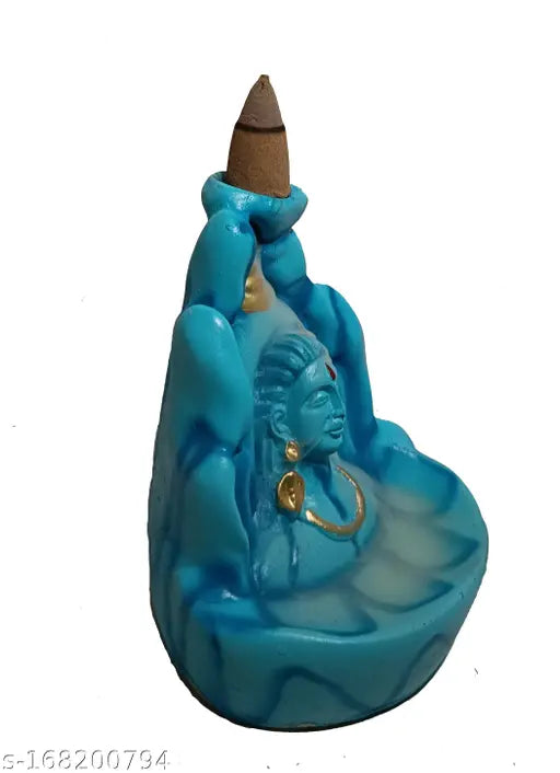 Handcrafted blue Adiyogi Shiva backflow incense holder, polyresin, decorative showpiece with 11 free fragrance cones, 8cm x 11cm x 10cm