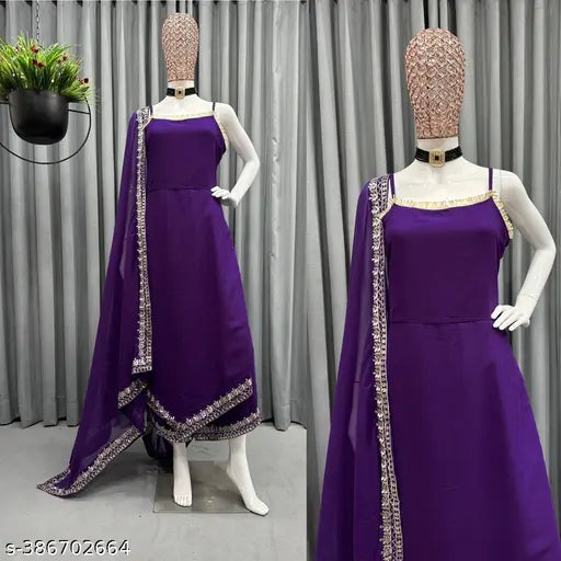 Georgette embroidery dupatta set with sleeveless kurti and palazzo, versatile elegance for every occasion