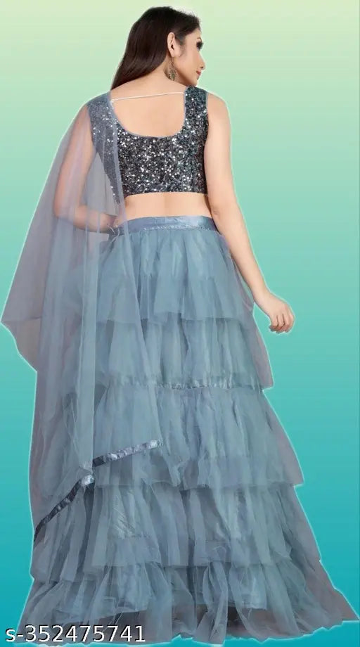 Velvet-sequinned ruffle Satara lehenga choli set on mannequin, semi-stitched net dupatta