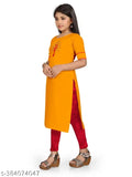 Yellow colorblocked cotton kurti&kurtas for girls, modern design with long sleeves. Fun fashion for ages 5-16 years from India