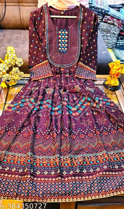 Maroon embroidered rayon Anarkali gown with foil print, 3/4 sleeves, available in sizes M-6XL