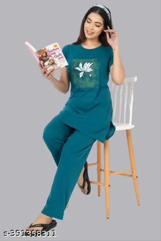 Green cotton ladies night suit with beautiful print, premium quality pyjamas for women's comfort