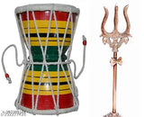 Multi-colored wooden & brass .ELITETOUCH Lord Shiva Damru and Trishul, symbolizing expanding universe (10cm x 8cm x 8cm)