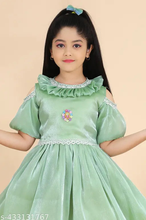 Green chiffon party dresses, funky knee length with ruffles for young girls