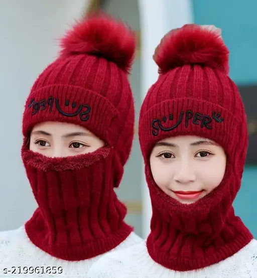 Women's winter beanie hat, maroon full face cap with clickfit closure, soft wool fabric for extra comfort and warmth