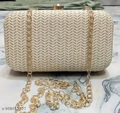 White and gold woven clutch purse with chain accents