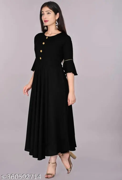 Black georgette kameez with floral print, long sleeves, round neckline