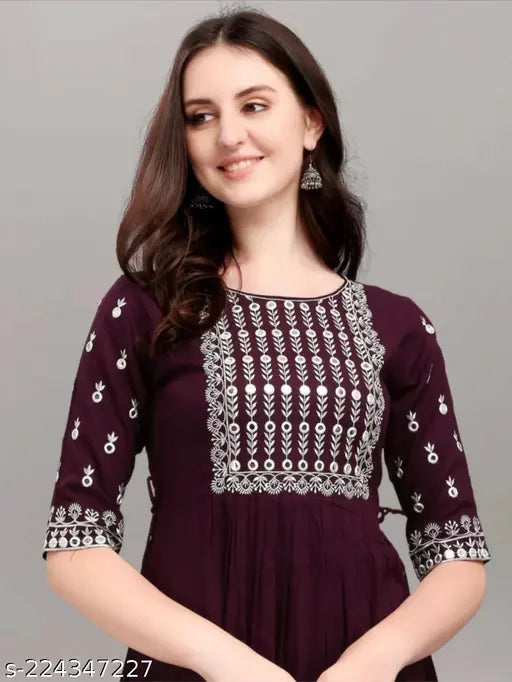 Purple rayon women's embroidered kurta