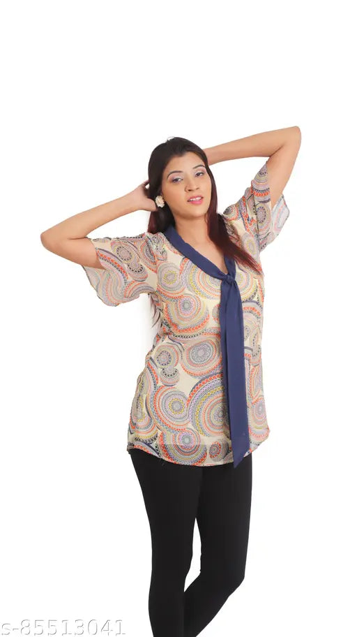Chiffon printed tie-neck top, perfect for plus size ladies in summer - RITIKA