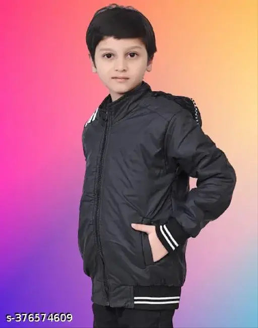 Black jacket with zip closure, white lining, and black collar