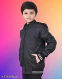 Black jacket with zip closure, white lining, and black collar