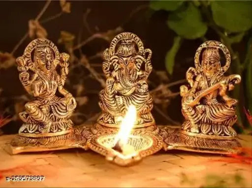 Gold-toned oxidized metal Laxmi, Ganesh, Saraswati idol decorative platter with Diya - perfect for home or office temple, symbolizing growth, wealth, prosperity, and knowledge