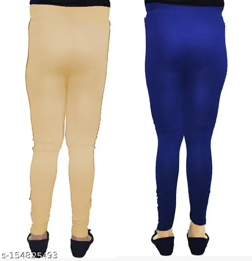 Solid cotton blend chain bottom combo, beige and royal blue jeggings set for women, size options: 28 & 30 (waist 28in/30in, length 37in)