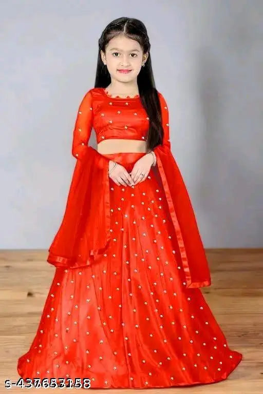 Embellished net lehenga with long sleeves for kids (2-15 years), Indian traditional wear