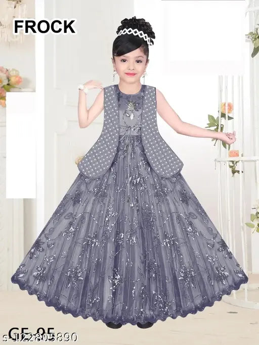 Grey embellished net gown by WEARBLISS for girls parties and celebrations, ideal for ages 3-10. Made in India