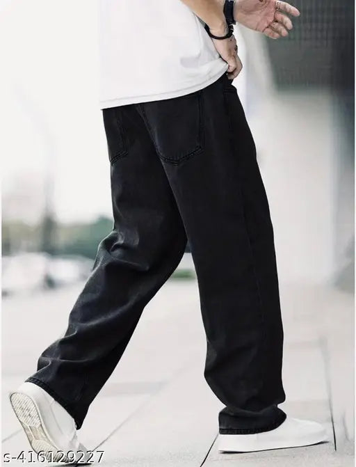 Loose fit baggy black denim solid, size options include 28, 30, 32, 36 (Indian origin)