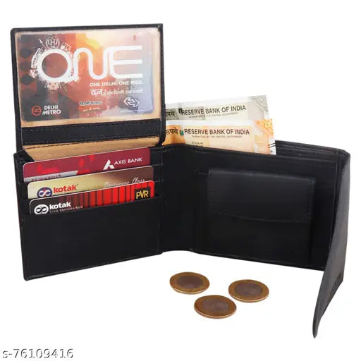 Faux leather black wallet, 2 compartments, modern design for men, imported material, stitch detail, matte finish