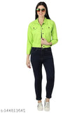 Denim waistcoat for women, trendy solid-colored long sleeve jacket, size S (34in bust, 20in length)