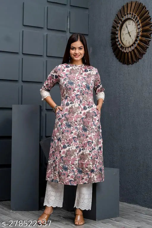 NFH floral print Aline kurti, cotton three-quarter sleeve, vibrant floral pattern, women's fashion, Indian craftsmanship