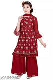 Maroon Georgette Floral Printed Kurti Sharara & Dupatta Set (Pack of 3) - Traditional Indian ethnic wear for girls' festive parties and weddings under 499, suitable for ages 3-15 years