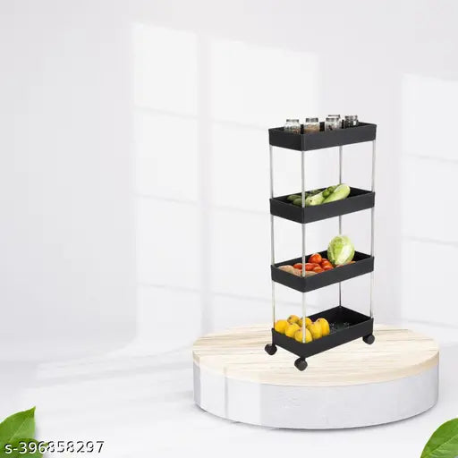 Black plastic shelf with 4 shelves, holding fresh fruits and vegetables