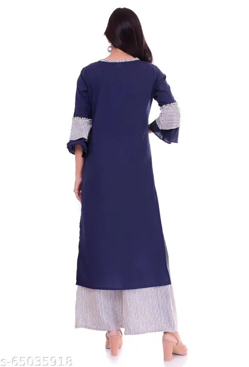 Dark Blue Gold Floral Printed Sanganeri Cotton Kurta Plazzo Sets for partywear & Officewear, solid net pattern, three-quarter sleeves, India origin