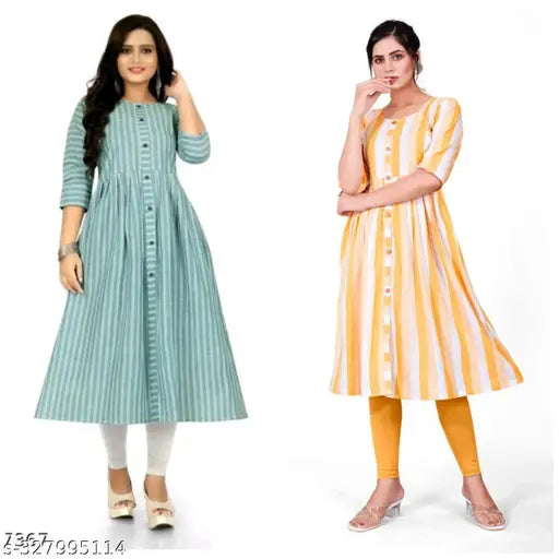 Striped flared combo cotton kurti in three-quarter sleeves, available in S-XXXL sizes. Perfect for Indian functions and events, ethnically accessorized