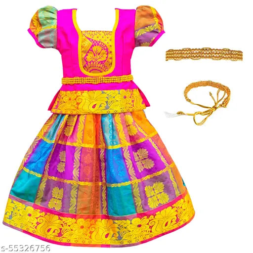 Cotton Silk girls lehenga choli, traditional Madhura Rany Pattu Pavadi with applique stitch and short sleeves. Indian-made, colorful outfit for 6-7 years old