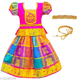 Cotton Silk girls lehenga choli, traditional Madhura Rany Pattu Pavadi with applique stitch and short sleeves. Indian-made, colorful outfit for 6-7 years old