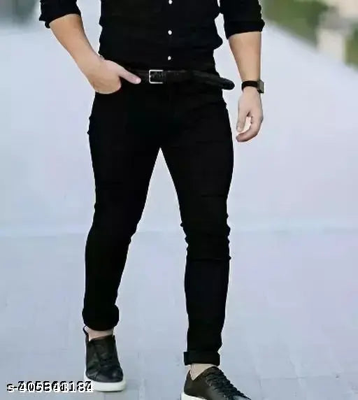 Men's Black Slim Fit Denim Jeans - Mid Rise, Destroyed, Stretch, Solid Design