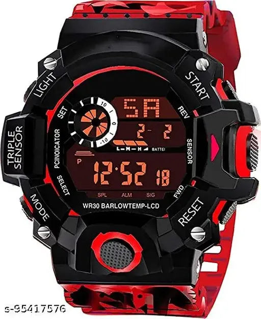 Digital watch with analog display, red and black straps, for boys and girls
