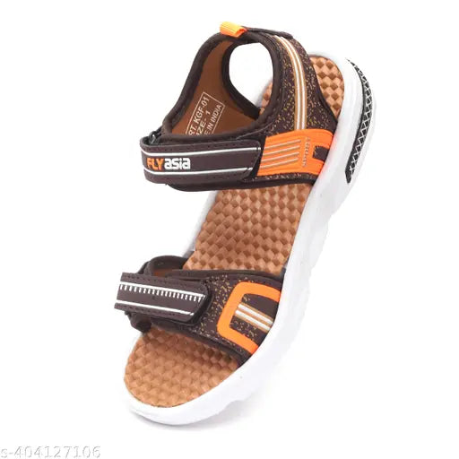 Brown strappy kids sandal, orange and black Flyasia brand, sturdy material, adjustable fit