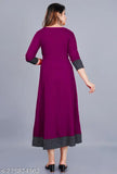 Women's purple round pleated flared kurta with solid print and round neckline