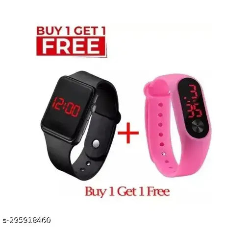 Black kids digital watch with red strap and pink alarm clock