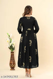 Black women's floral print viscose rayon angarkha kurta with three-quarter sleeves, printed combo