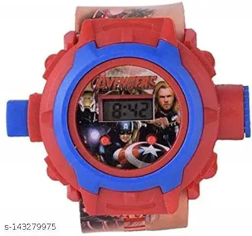 Superhero-themed digital watch with projector, featuring Avengers imagery and time display