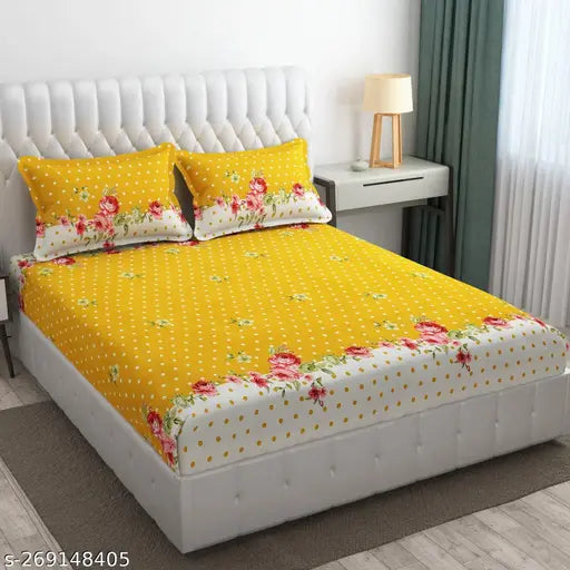 Elastic cotton floral double bedsheet set, includes 2 pillow covers, ideal for summer decor
