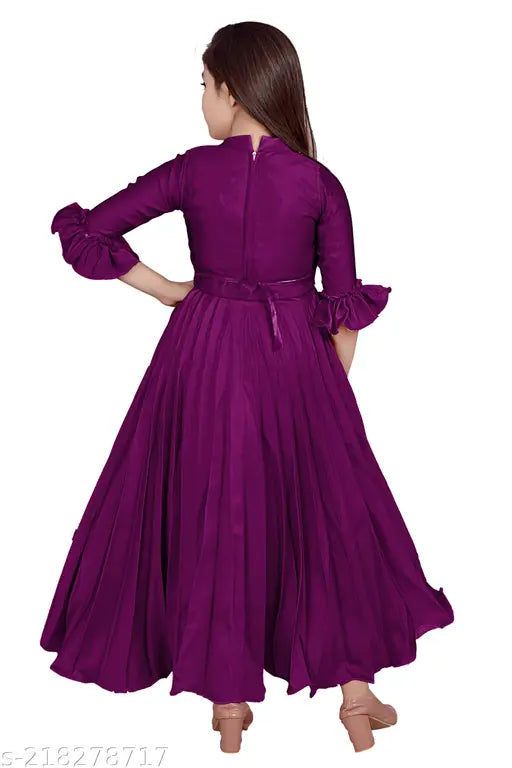 Purple silk-blend frock, three-quarter sleeves, solid pattern, girls dress, 3-4 years size, India origin