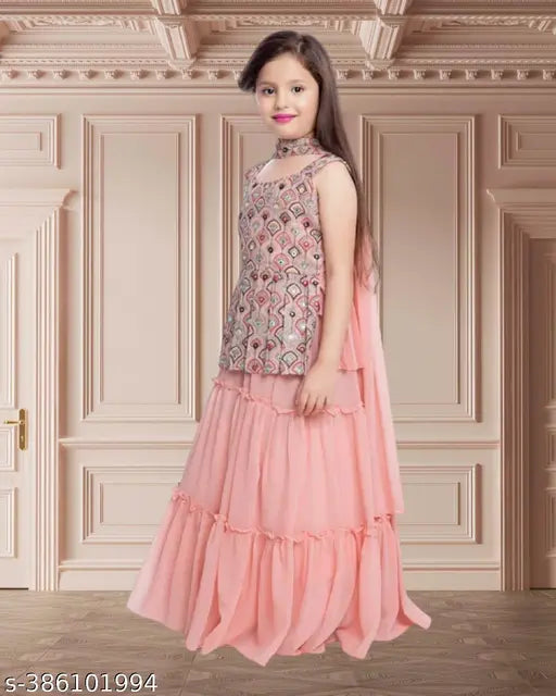 Kids girls georgette lehenga choli set with dupatta, ready-to-wear party wear, embellished ruffle stitch